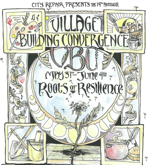 Artwork for Village Building Convergence 2019 with art supplies and nature themes.