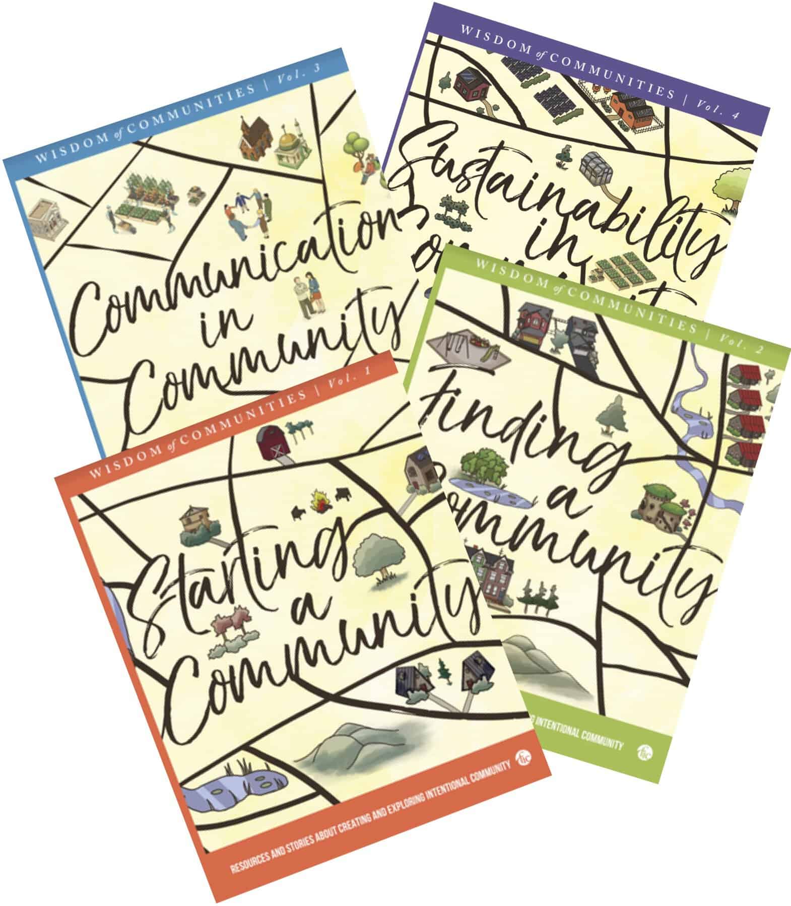 Book covers on community building and sustainability from the Foundation for Intentional Community.