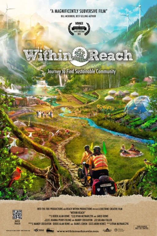Colorful community landscape with waterfalls, gardens, and people enjoying nature.