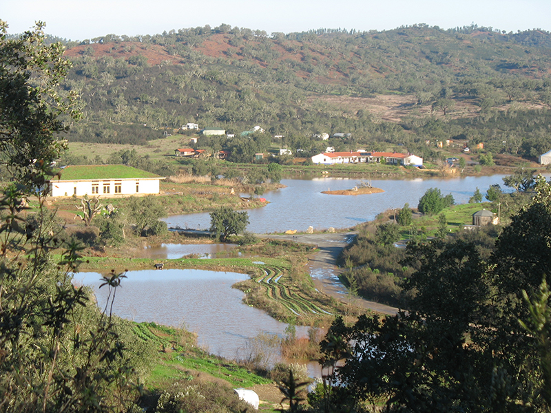 Scenic view of Tamera Healing Biotope with water bodies and green hills.