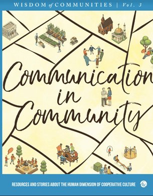 Illustration of community members engaging in communication and cooperation activities.