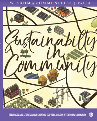 Illustration of sustainable community with eco-friendly buildings and green spaces.