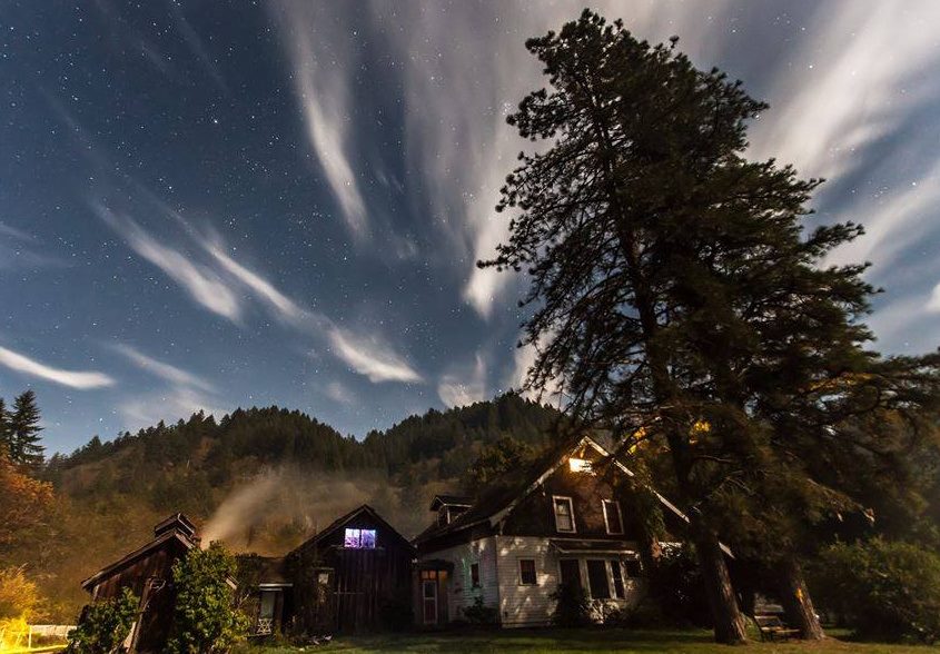 Nighttime view of a house with tall trees and starry sky.