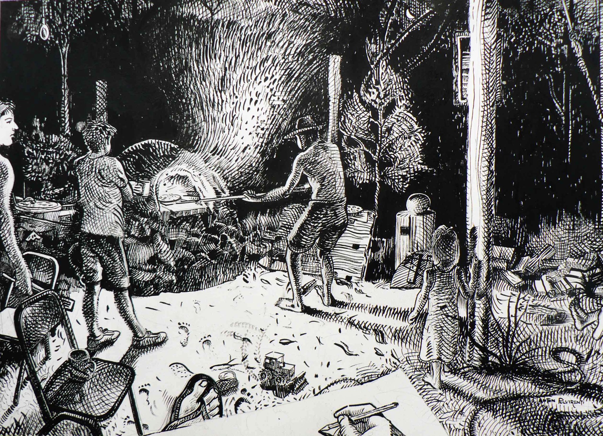 People gathered around a campfire in a forest setting at night.