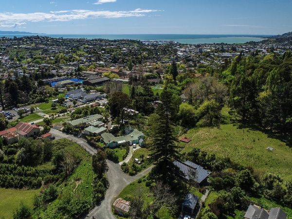 Aerial view of Braemar Eco Village with lush greenery and ocean in the background.