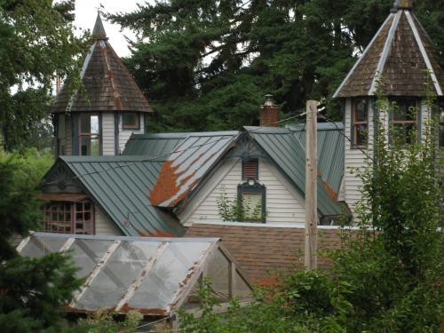 Unique rustic house with towers and metal roof in a lush green setting.