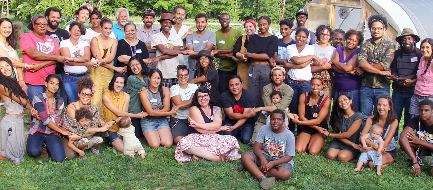 Diverse group of people holding hands outdoors at a community event.