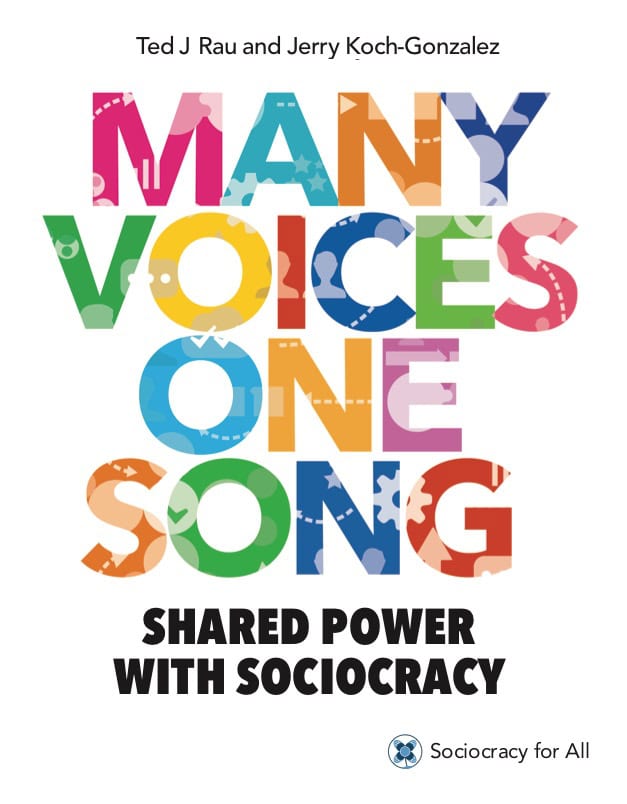 Many Voices One Song book cover with colorful text and sociocracy theme.