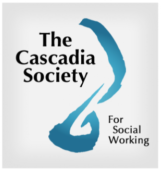 The Cascadia Society for Social Working logo with blue abstract design.