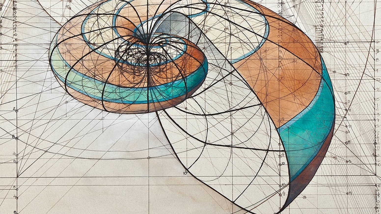 Mathematical spiral with geometric grid and colorful shading.