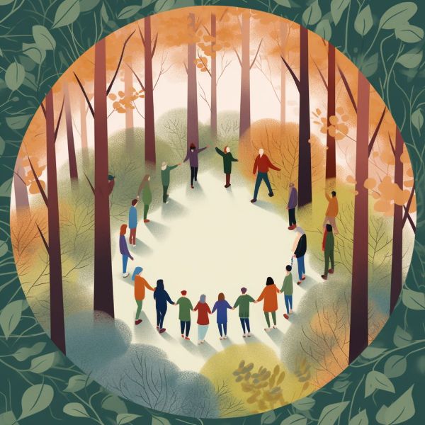 People forming a circle in a forest clearing during autumn.