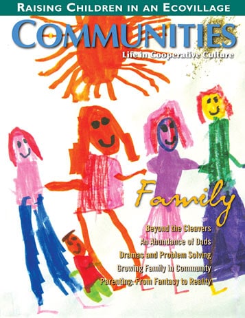 Colorful children's drawing of a family holding hands, representing community and family values.