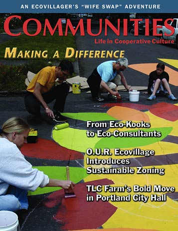 Community members painting a large mural outdoors for sustainable living awareness.
