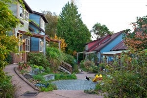 Colorful community garden with houses and lush greenery in a residential neighborhood.