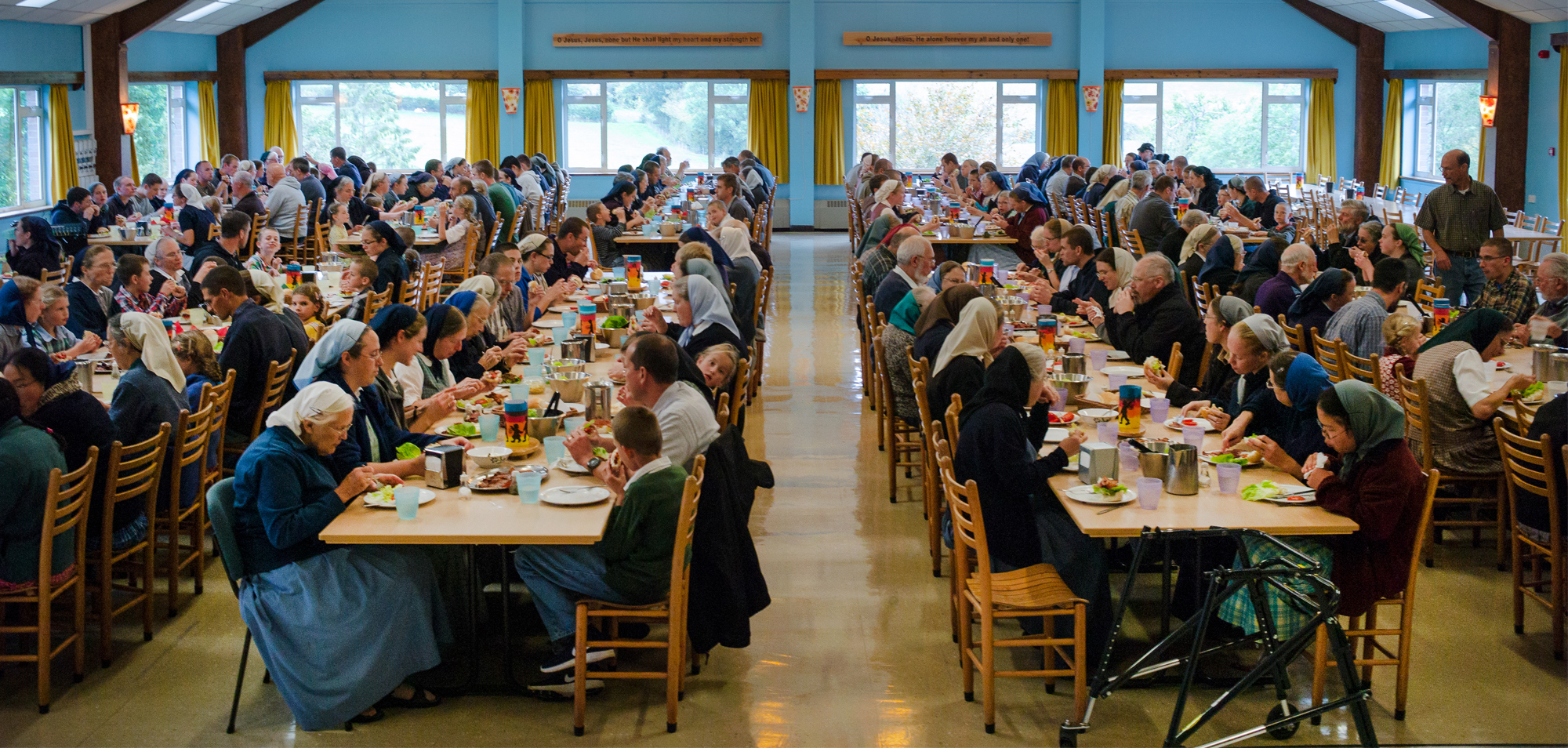 Large community meal at Darvell Bruderhof Community event hall.