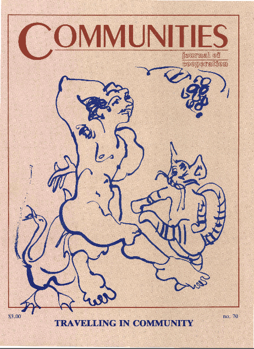 Cover of Communities Magazine #70 with a line drawing of a woman and a cat.