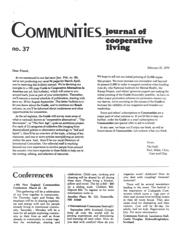 Foundation for Intentional Community logo and newsletter cover from 1979.