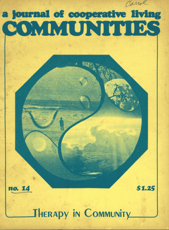 Cover of Communities magazine May 1975 focused on therapy in intentional communities.