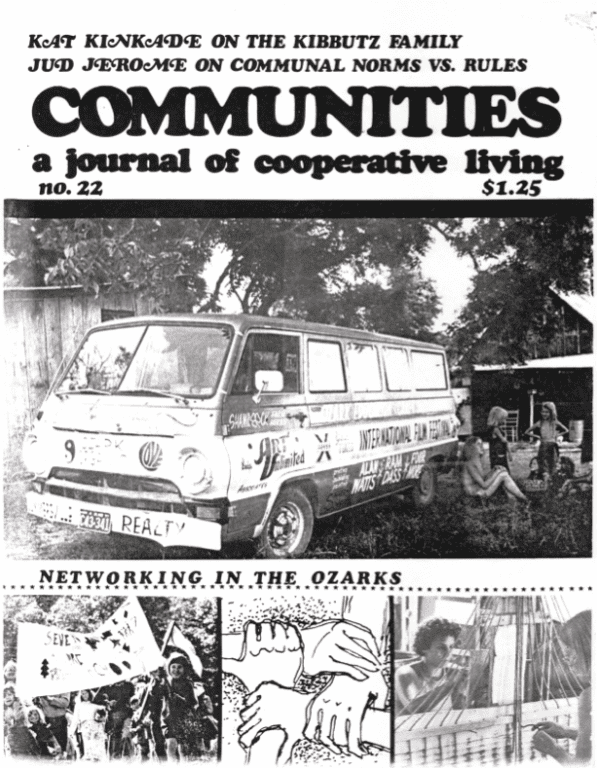 Vintage community bus and gathering scene from Communities magazine, 1976.