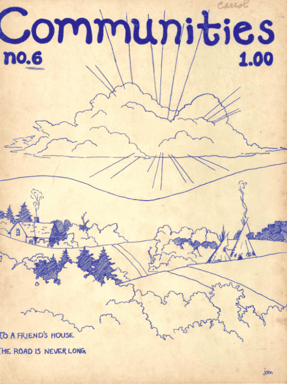 Cover of Communities magazine No.6 from 1974 featuring a hand-drawn landscape scene.