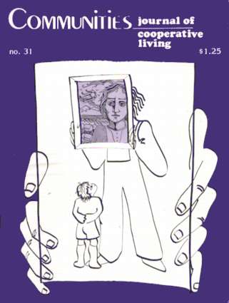 Cover of Communities magazine March 1978, featuring a drawing of a woman holding a framed photo.