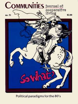 Cover of Communities magazine, December 1981, featuring a stylized illustration of a person riding a.