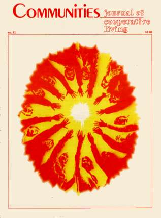Cover of Communities magazine featuring a fiery sun with human figures and symbols.