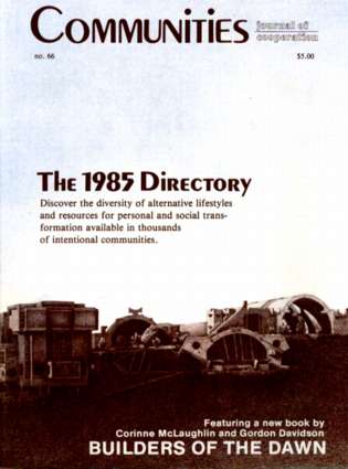 Cover of Communities magazine Spring 1985 featuring community directory and builders of the dawn.