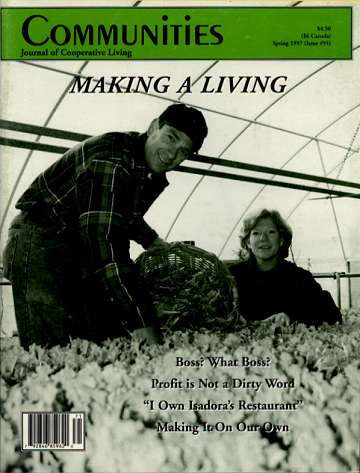 Cover of Communities magazine Spring 1997 issue with two people in a greenhouse.