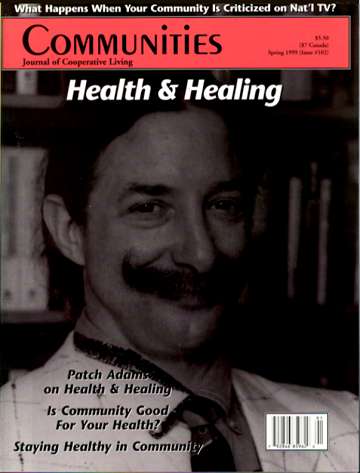 Cover of Communities Journal featuring Patch Adams and health & healing theme.