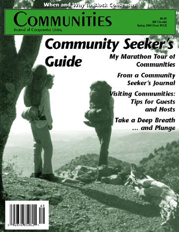 Cover of Communities Magazine #122 Spring 2004 featuring community seekers and nature.
