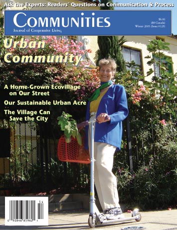 Elderly woman on scooter in urban community garden with flowers and greenery.
