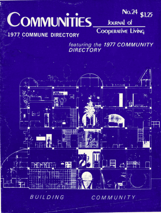 Cover of Communities Magazine #24 from January 1977 featuring a blueprint of a building.
