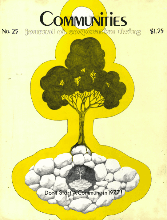 Cover of Communities Magazine #25 from March 1977 featuring a tree and community symbols.