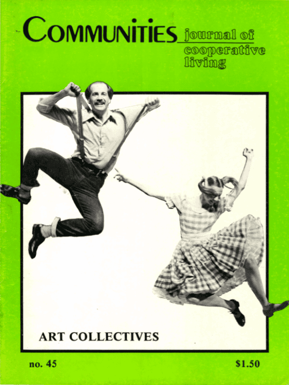 Cover of Communities magazine featuring two people jumping, green background, 1980.