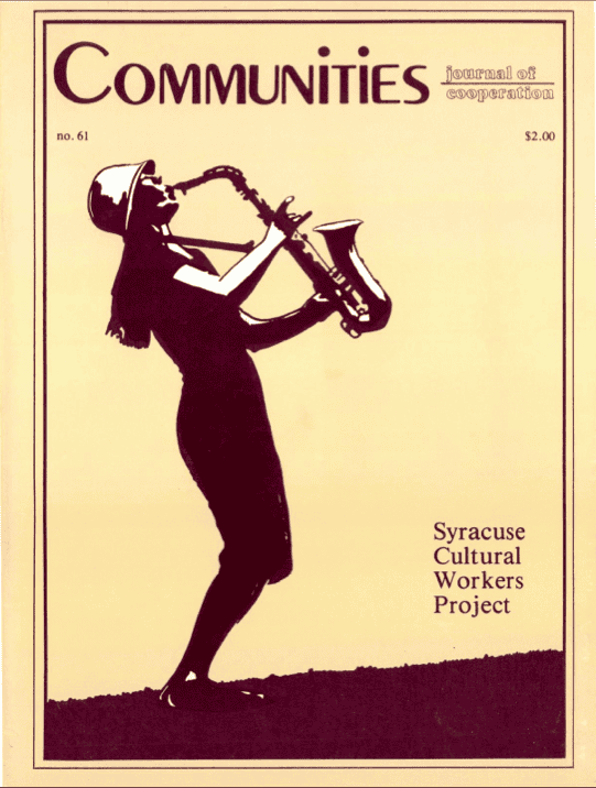 Cover of Communities magazine featuring a woman playing saxophone.