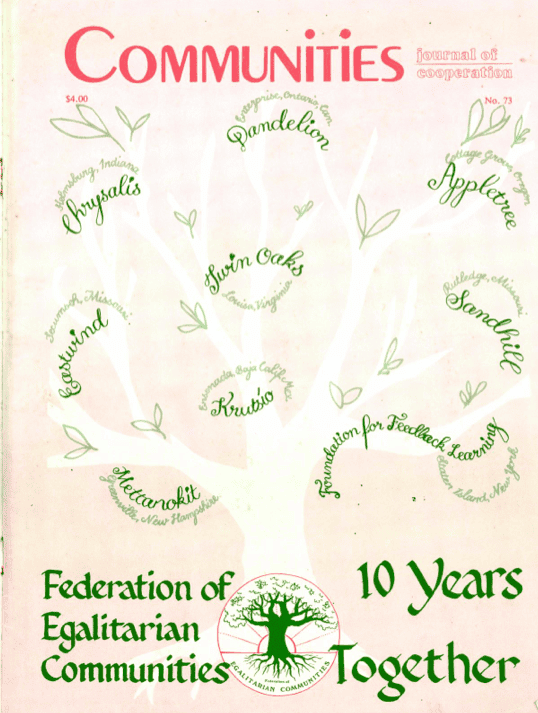 Cover of Communities magazine issue 73 featuring Federation of Egalitarian Communities anniversary.