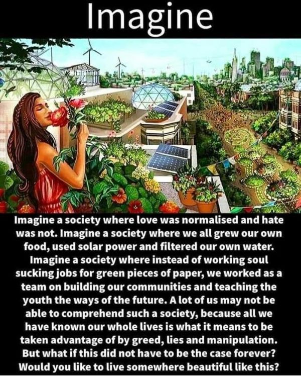 Illustration of a sustainable, eco-friendly community with green spaces and renewable energy.