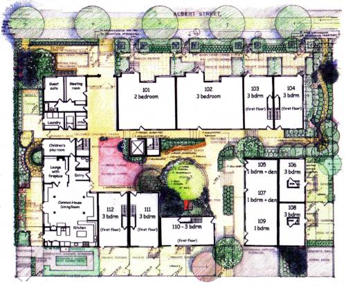 Site plan of Cranberry Commons community with residential units and green spaces.