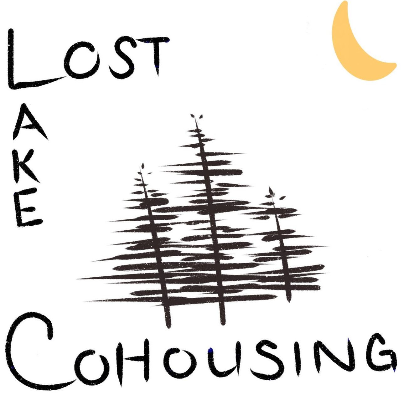 Lost Lake Cohousing logo with trees and moon for intentional community.