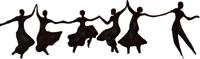 Silhouettes of five people dancing in a circle, celebrating community and joy.