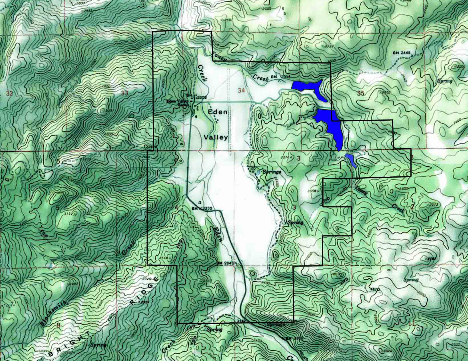 Topographic map of Eden Valley with contour lines and water features.