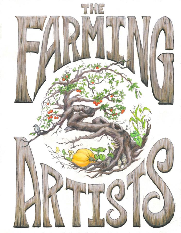 Farming Artists logo with tree and roots illustration for intentional community.