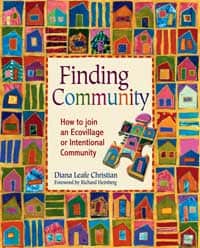 Colorful illustration of community houses from the book 'Finding Community'.
