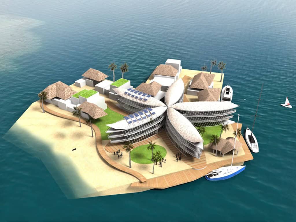 Futuristic seasteading community with eco-friendly buildings on water.