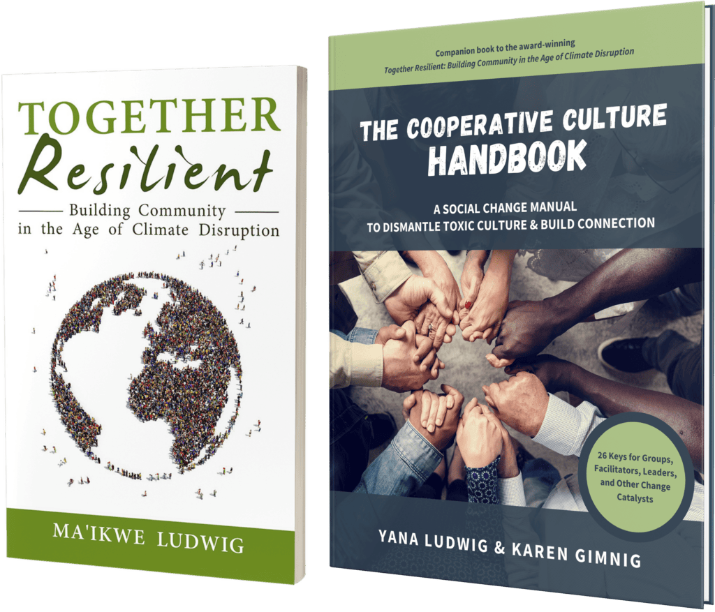Cover of 'Together Resilient' and 'The Cooperative Culture Handbook' books.