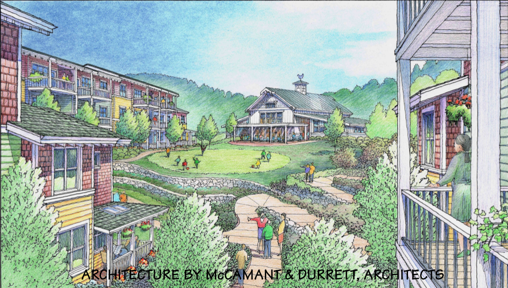 Colorful community housing with lush greenery and walking paths.