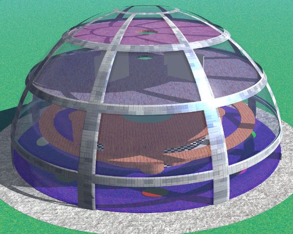 Futuristic transparent dome structure with multiple levels and a green background.