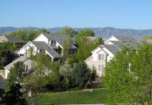 Residential neighborhood with modern homes and lush greenery under a clear blue sky.
