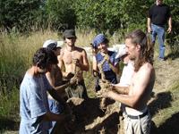 Group of people planting a tree outdoors for sustainability education.